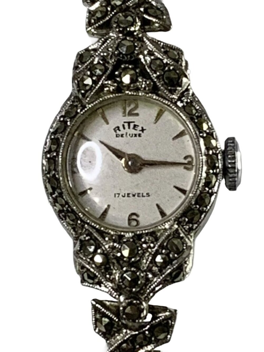 Vintage 50s Ritex Swiss Mechanical Watch Marcasite Silver Plated 17 Jewels Hand - Picture 4 of 7